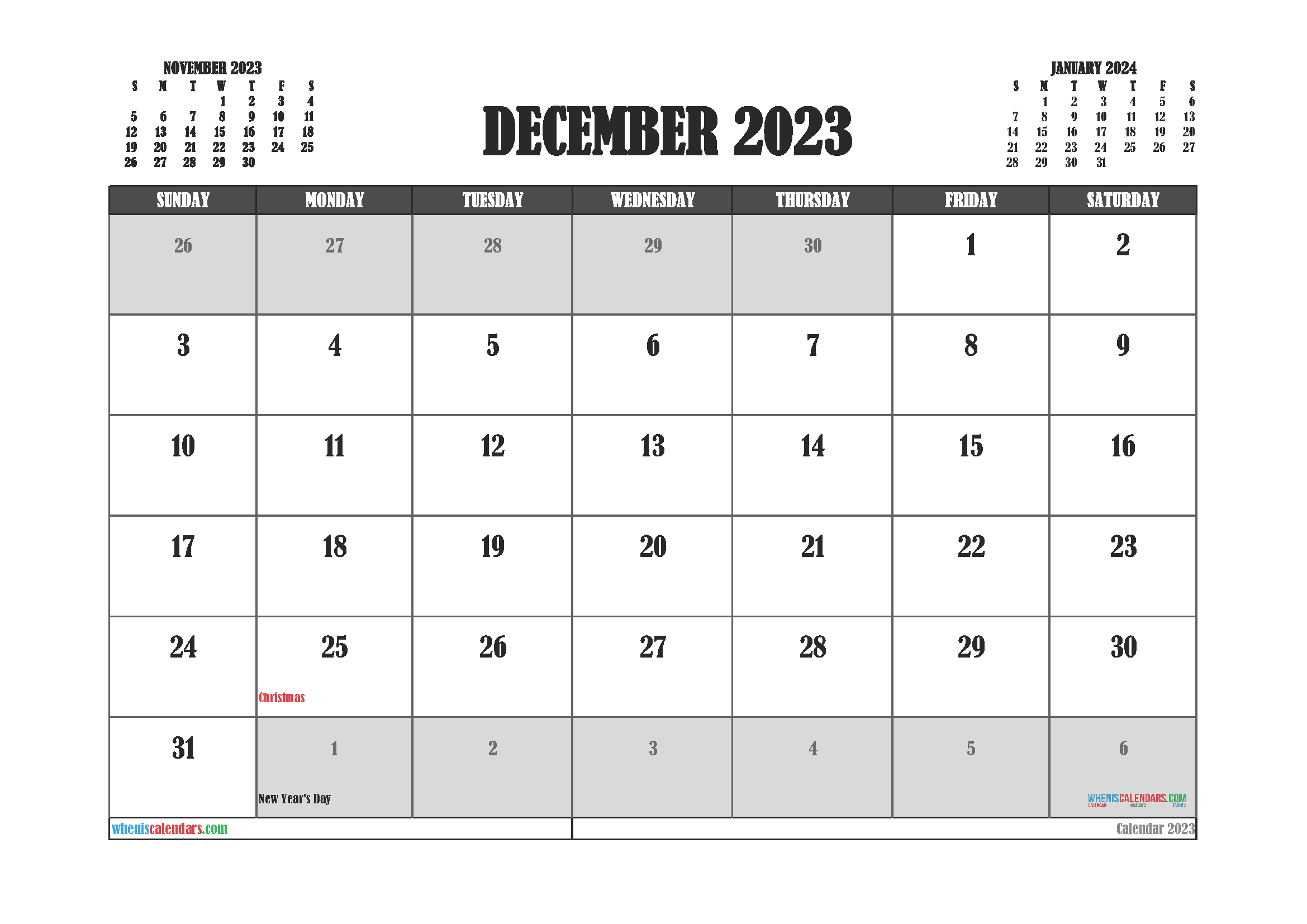 Download printable monthly calendar with holidays 2023 A4 23O548