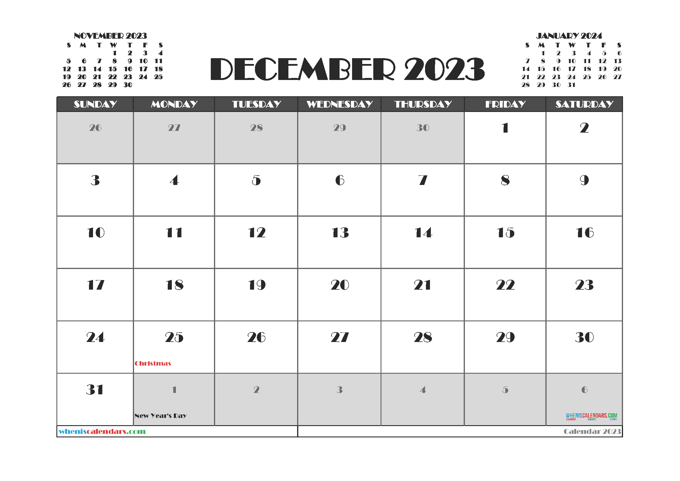 December 2023 Calendar with Holidays Free Printable PDF in Landscape