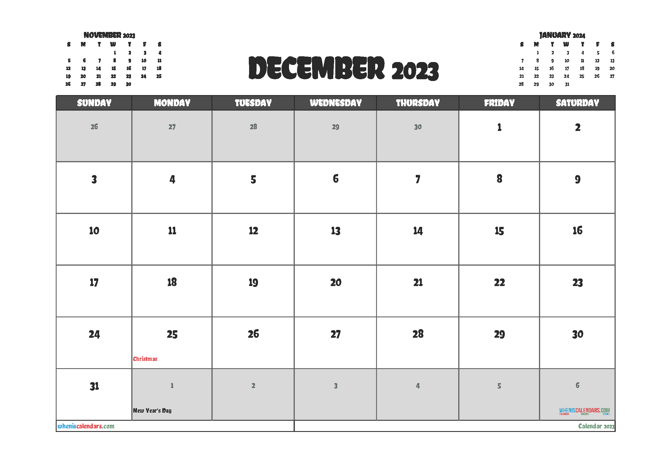 Free Calendar 2023 December with Holidays PDF in Landscape
