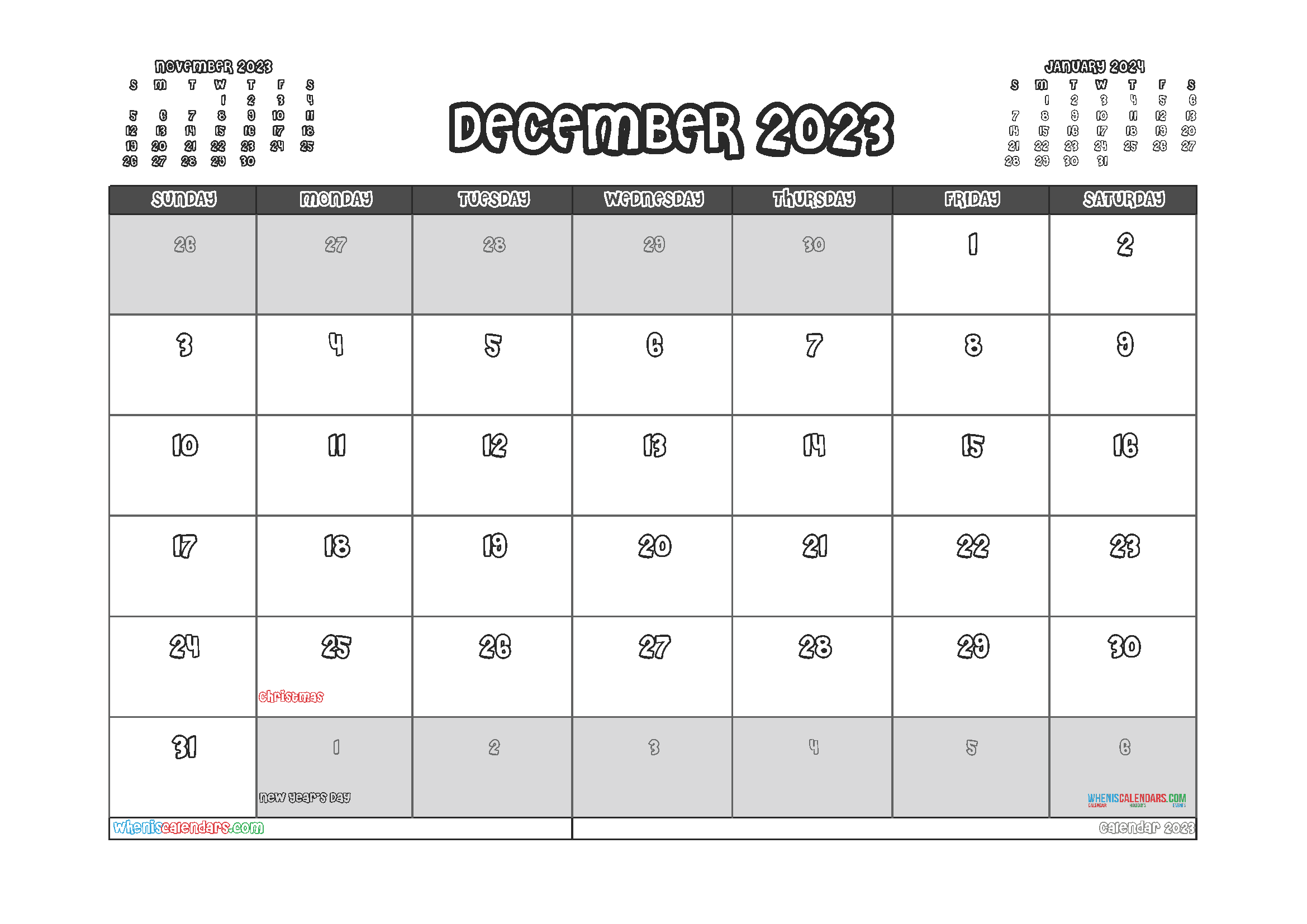Free Printable Calendar 2023 December with Holidays PDF in Landscape
