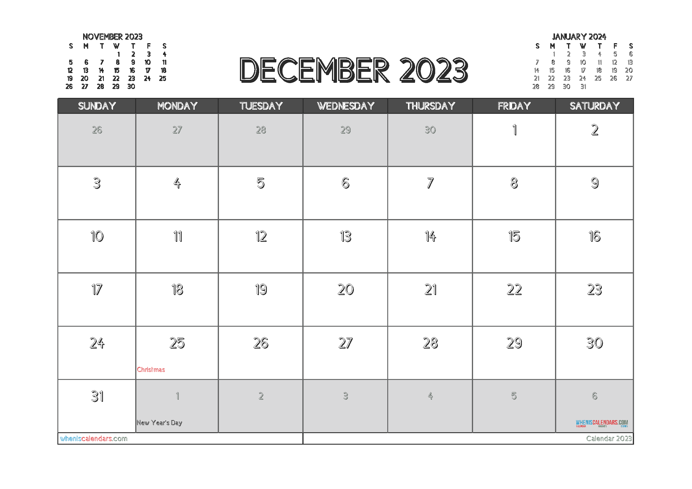 Free Calendar December 2023 with Holidays Printable PDF in Landscape