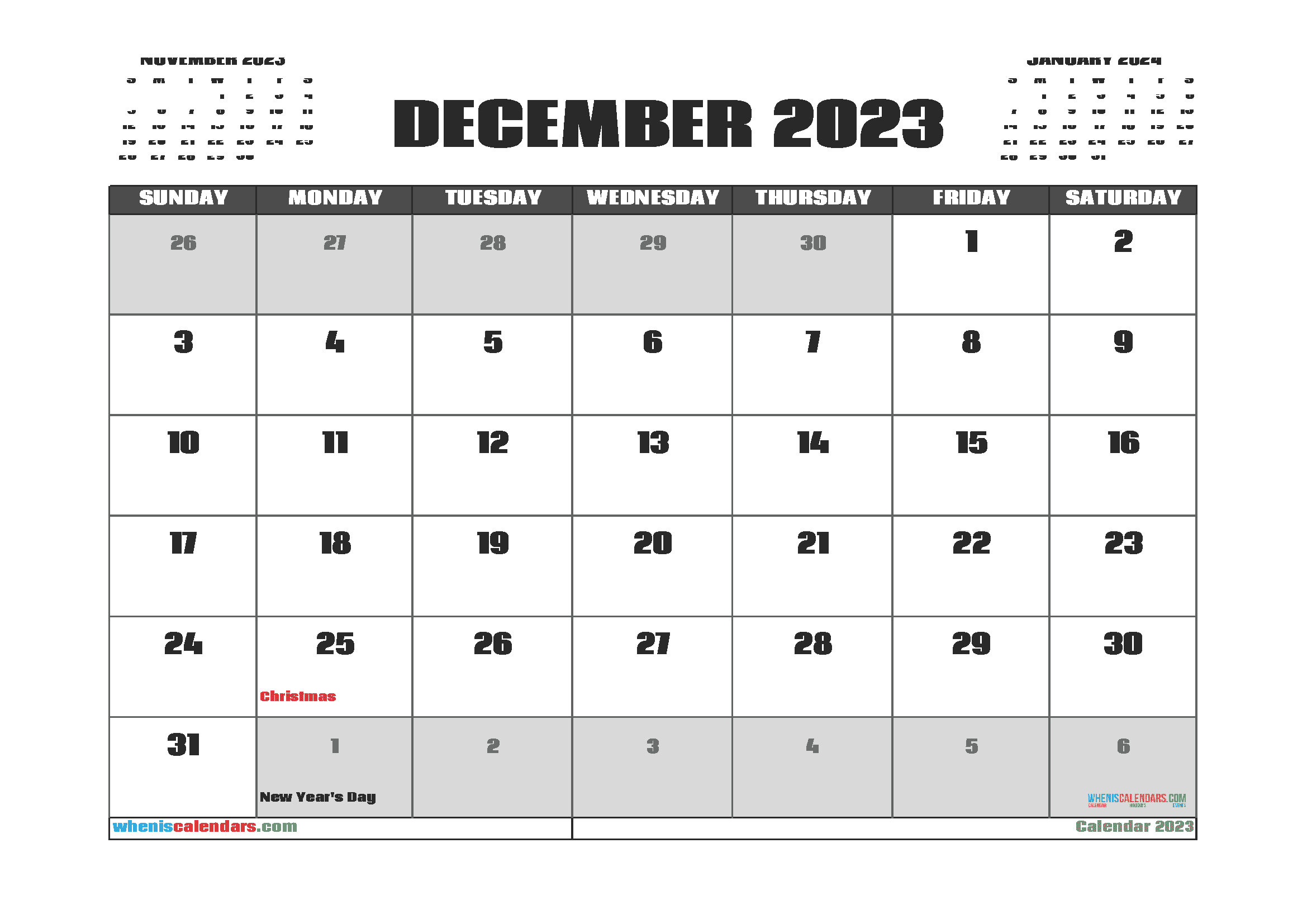 December 2023 Calendar with Holidays Free Printable PDF in Landscape