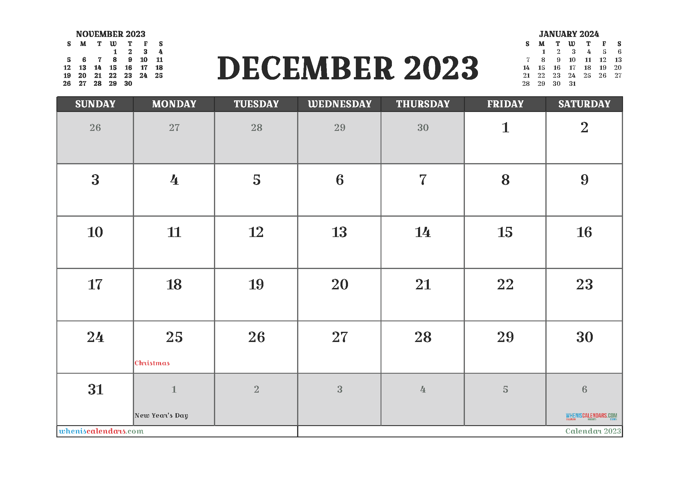 Download free printable December 2023 calendars