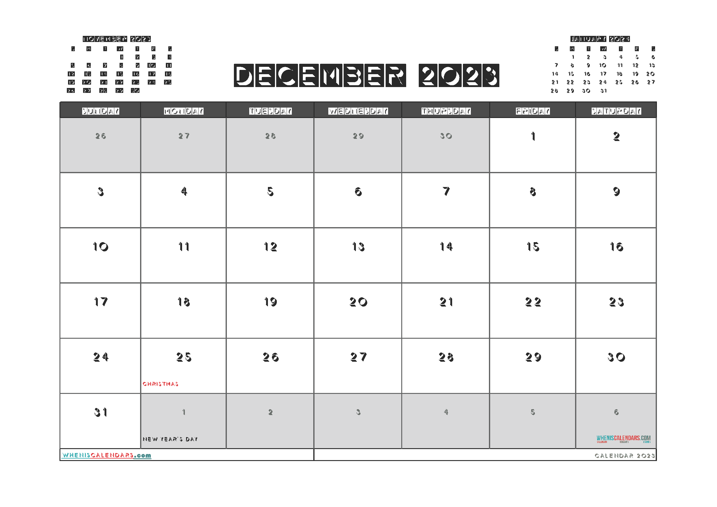 Free December 2023 Calendar with Holidays Printable PDF in Landscape