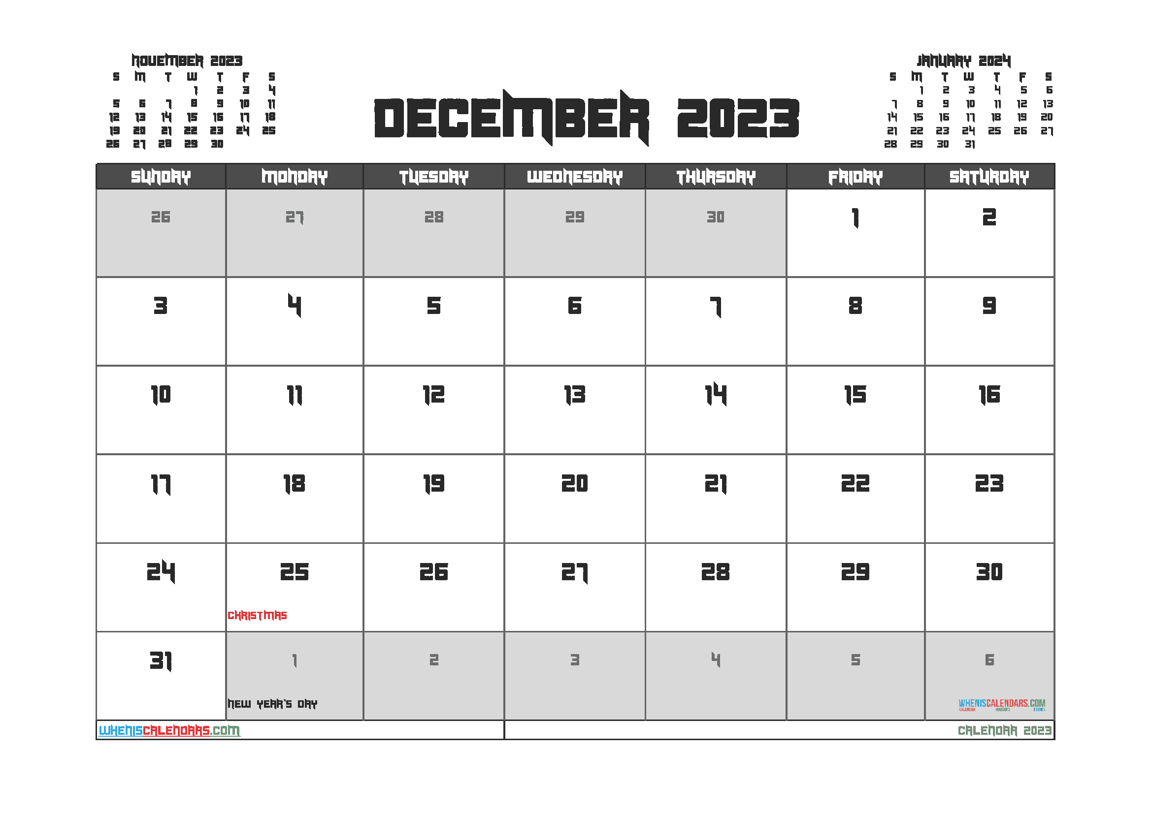 Download December 2023 calendar cute printable