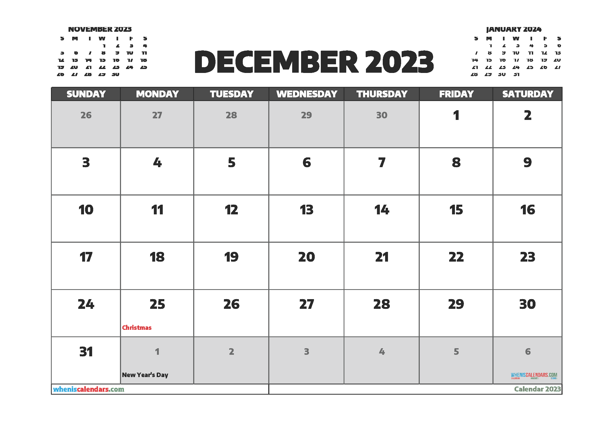 Downloadable December 2023 Calendar with Holidays Printable Free PDF in Landscape