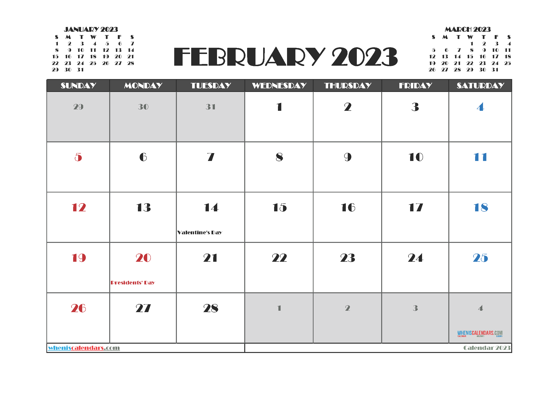 Free Printable Calendar 2023 February with Holidays PDF in Landscape