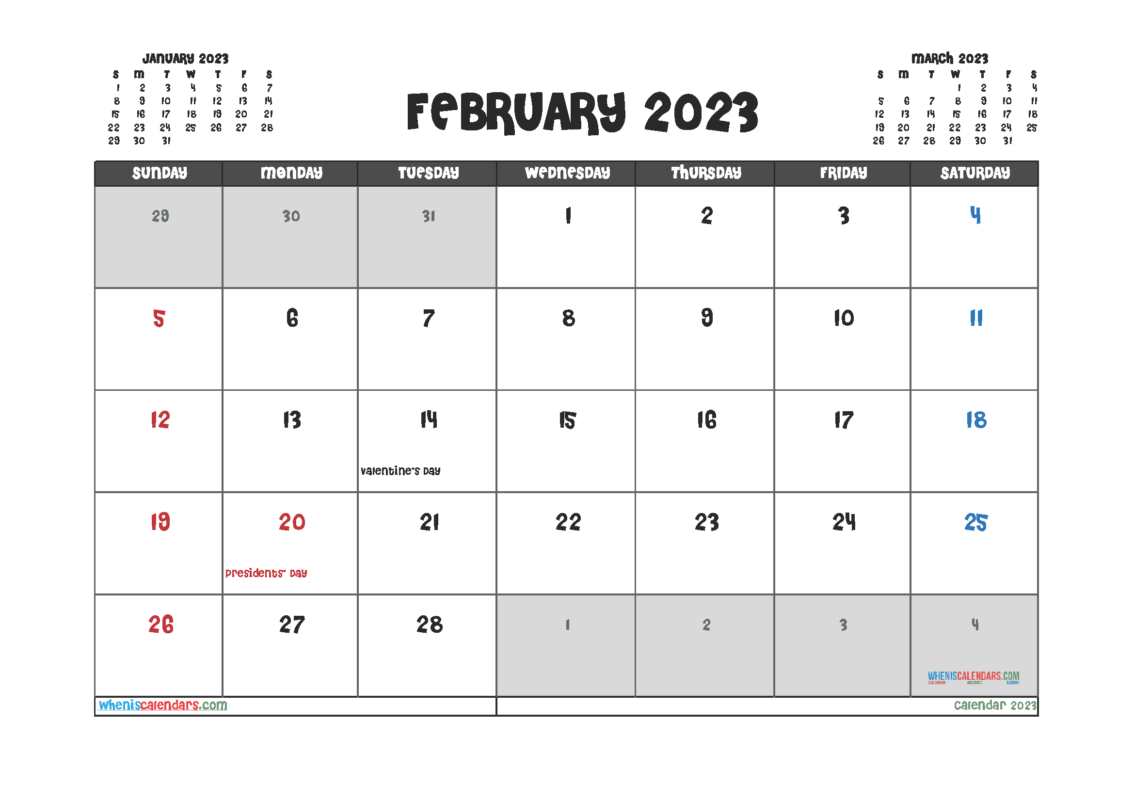 Downloadable February 2023 Calendar with Holidays Printable Free PDF in Landscape