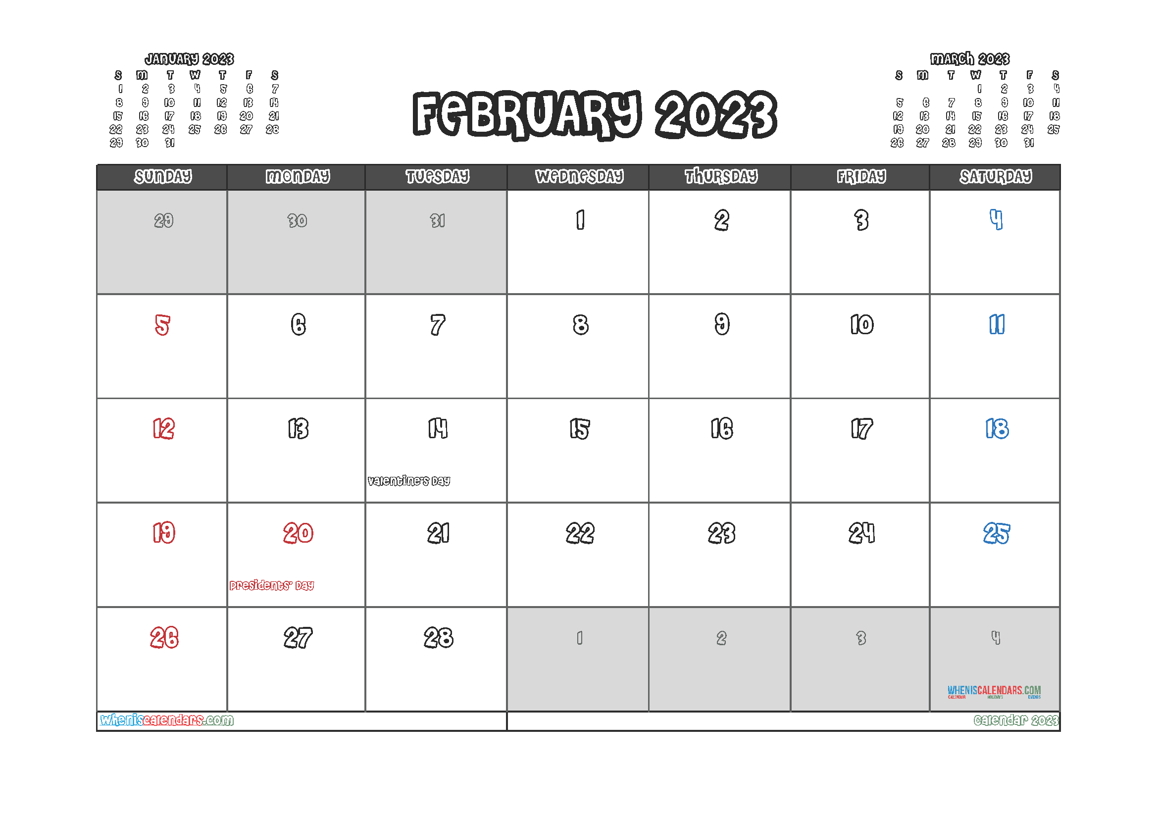 Free Calendar 2023 February with Holidays PDF in Landscape