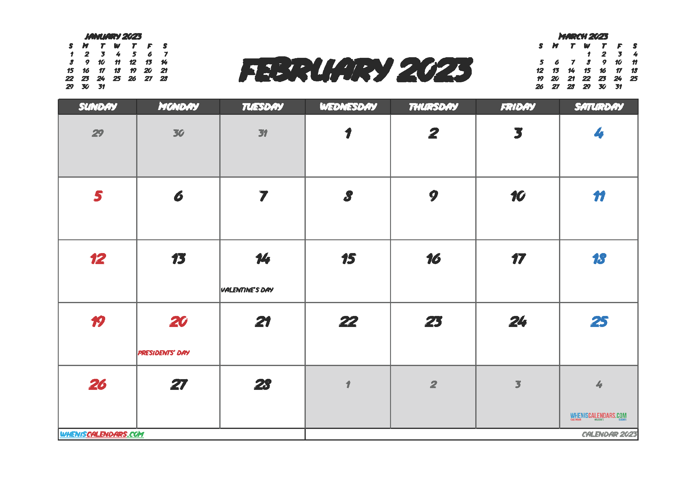 Printable February 2023 Calendar with Holidays Free PDF in Landscape