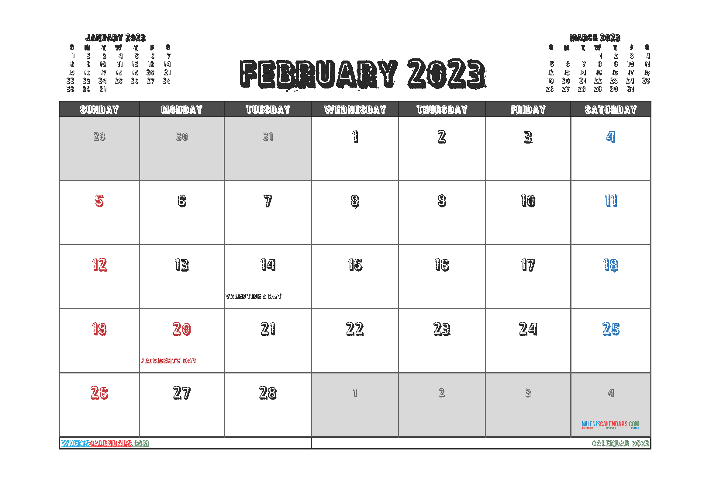 Free Printable Calendar February 2023 with Holidays PDF in Landscape