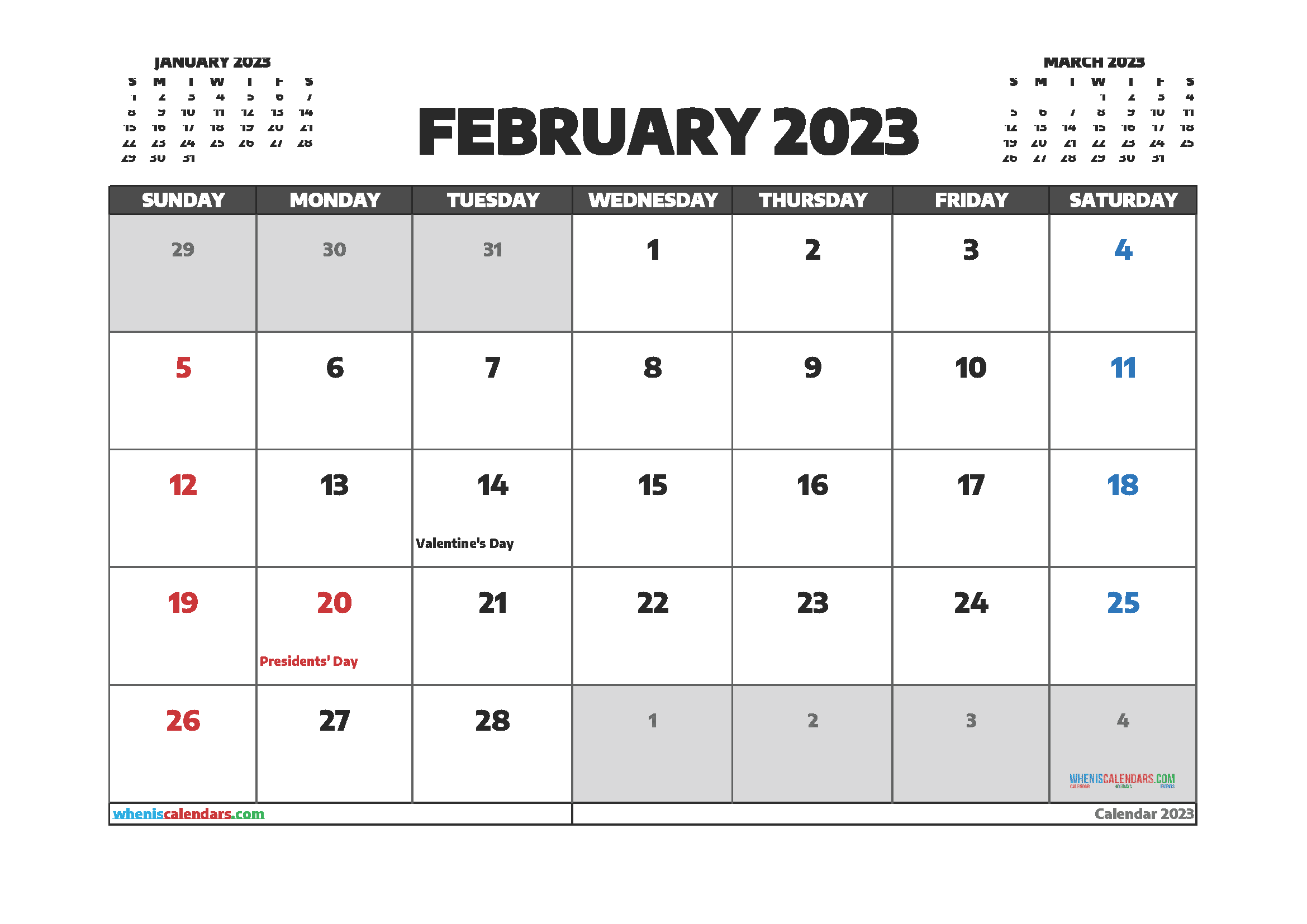 Free Printable February 2023 Calendar with Holidays PDF in Landscape