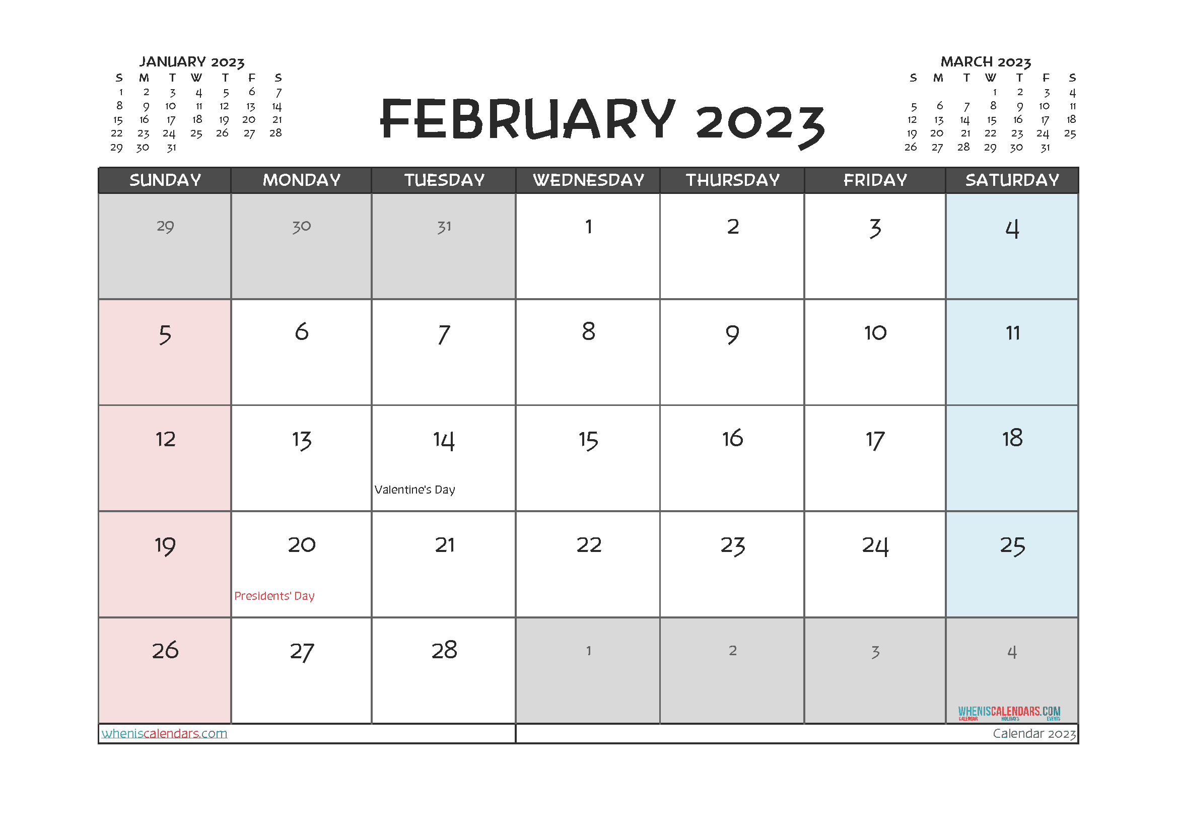 February 2023 Calendar with Holidays Free Printable PDF in Landscape