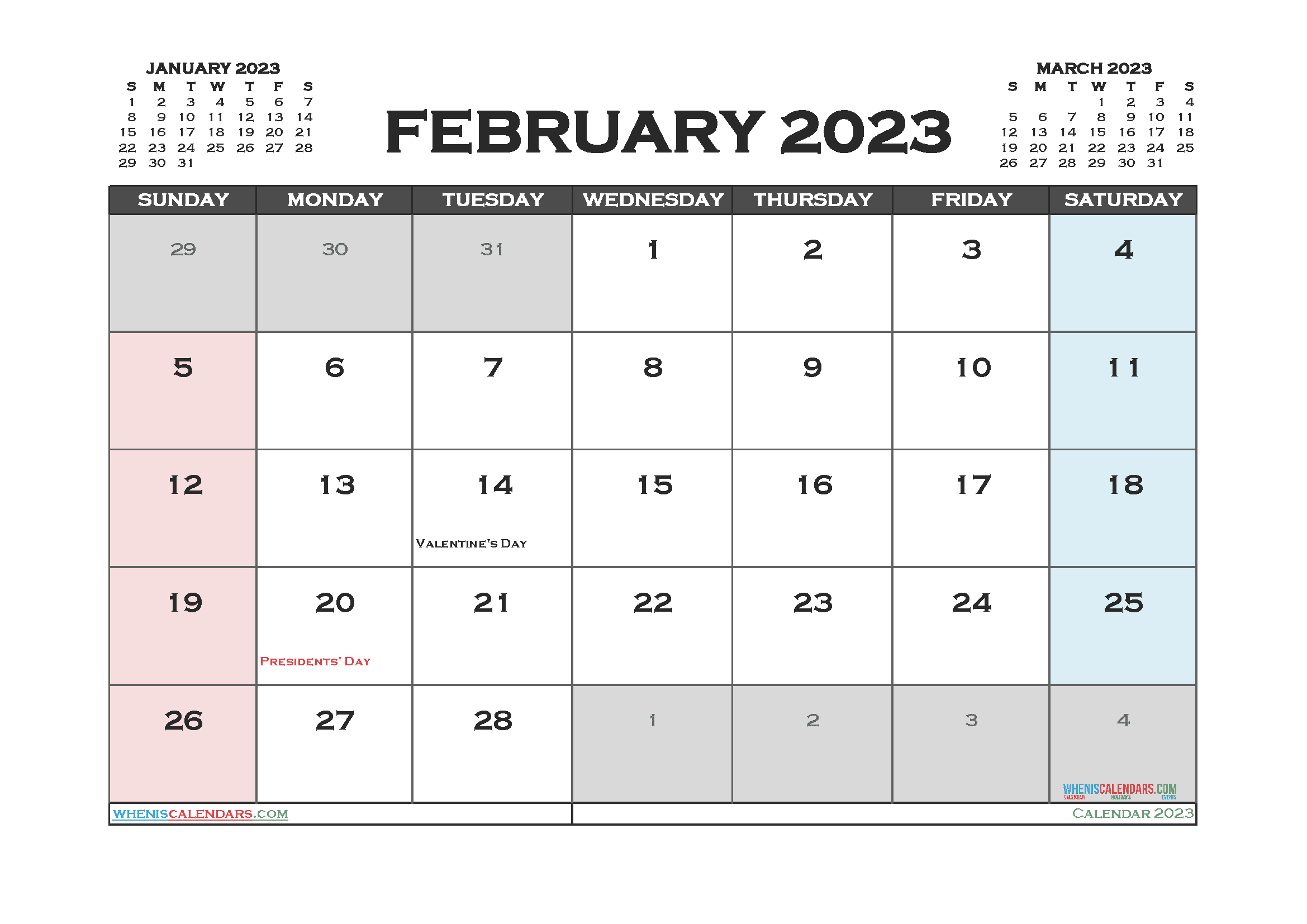 Free February 2023 Calendar with Holidays Printable PDF in Landscape