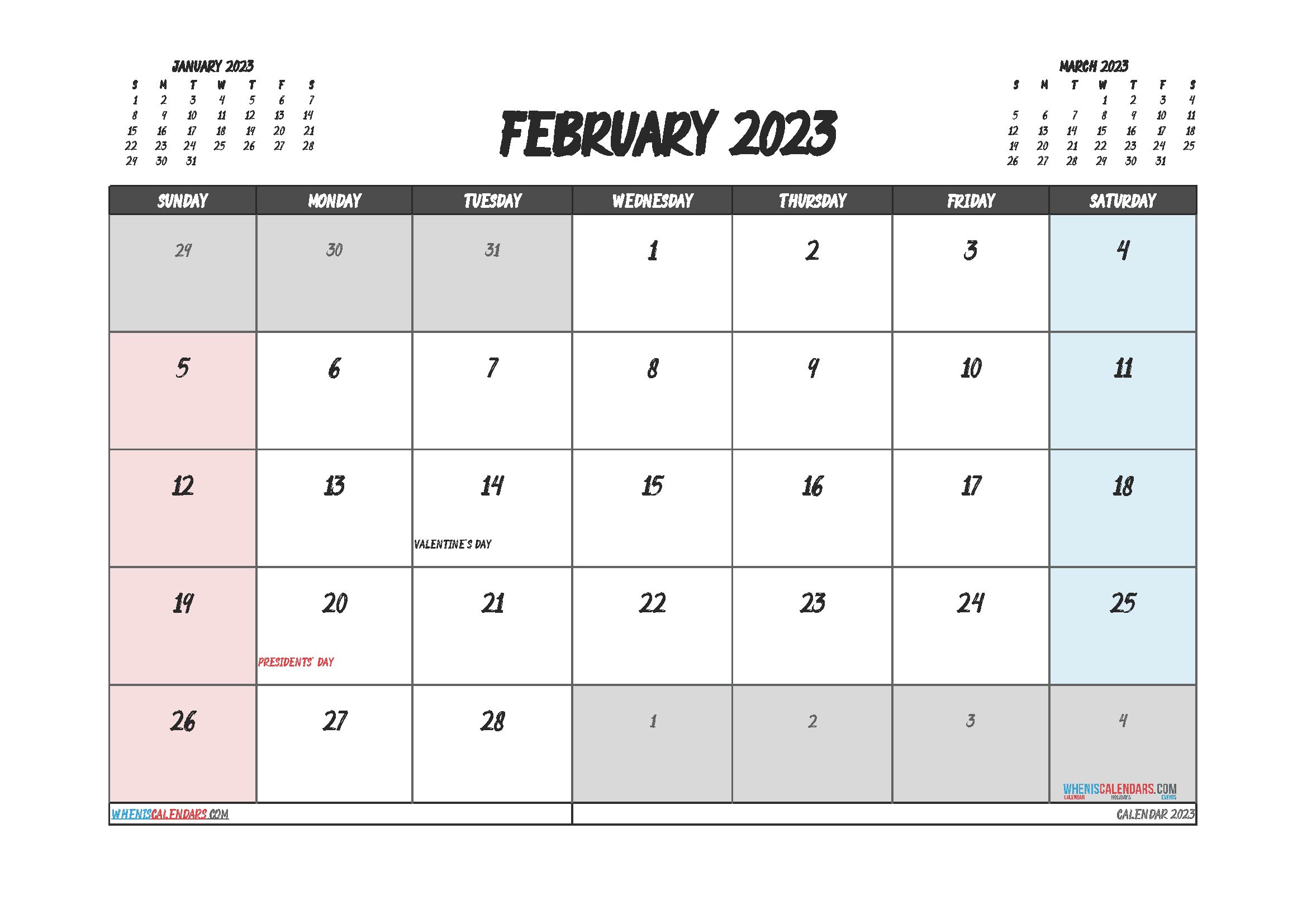 Printable February 2023 Calendar with Holidays Free PDF in Landscape
