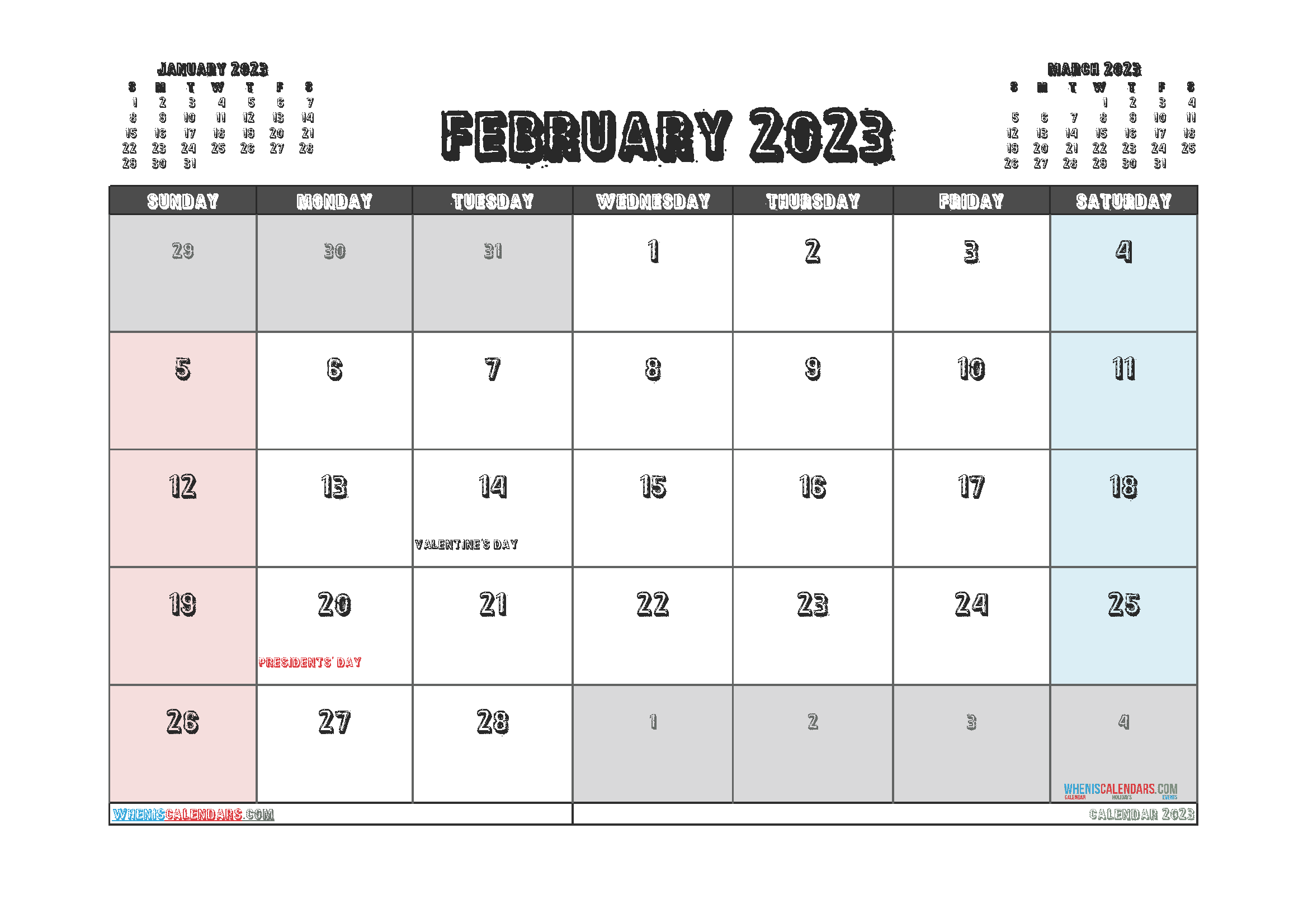 Free Printable Calendar 2023 February with Holidays PDF in Landscape