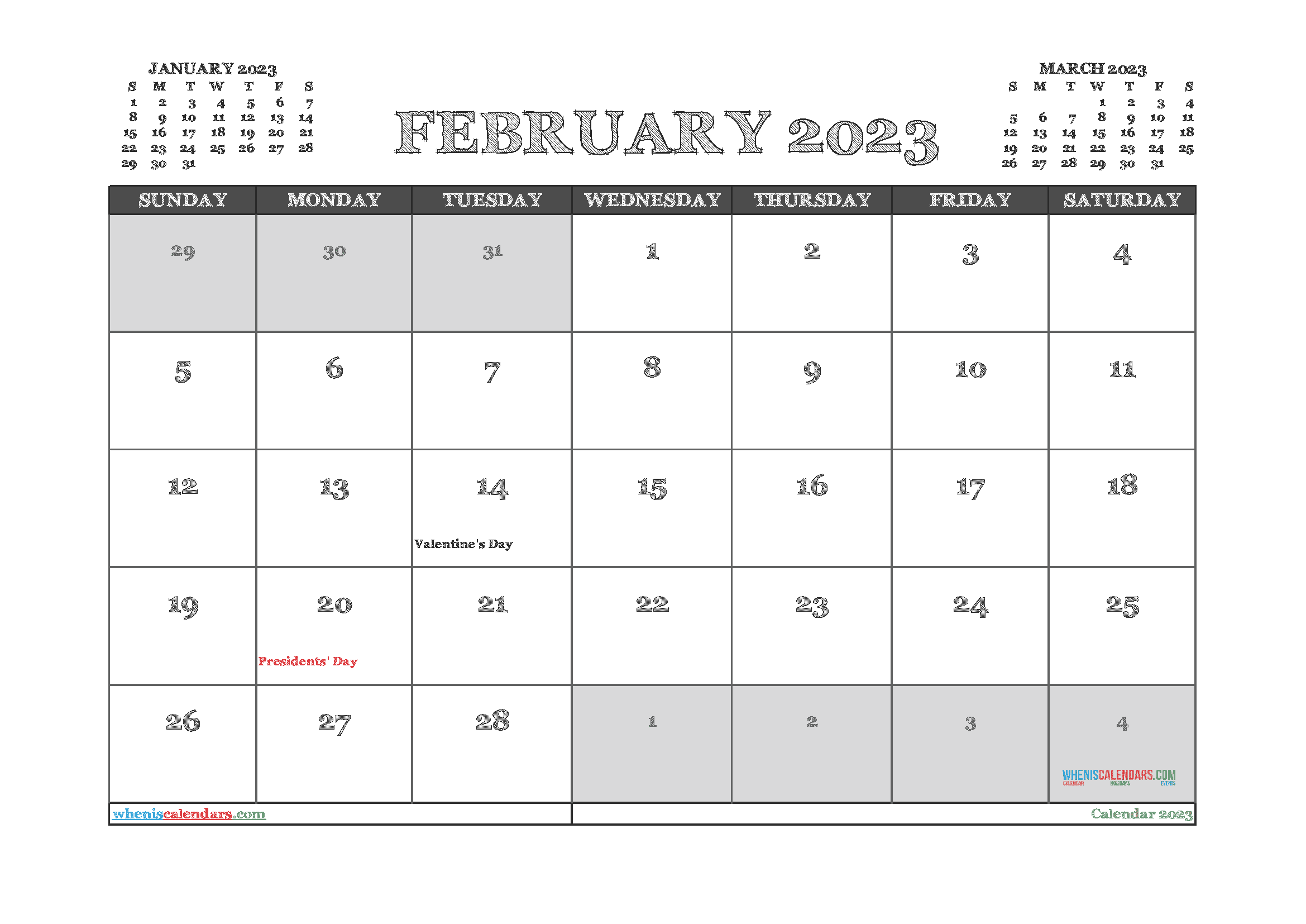 Free Printable Calendar February 2023 with Holidays PDF in Landscape