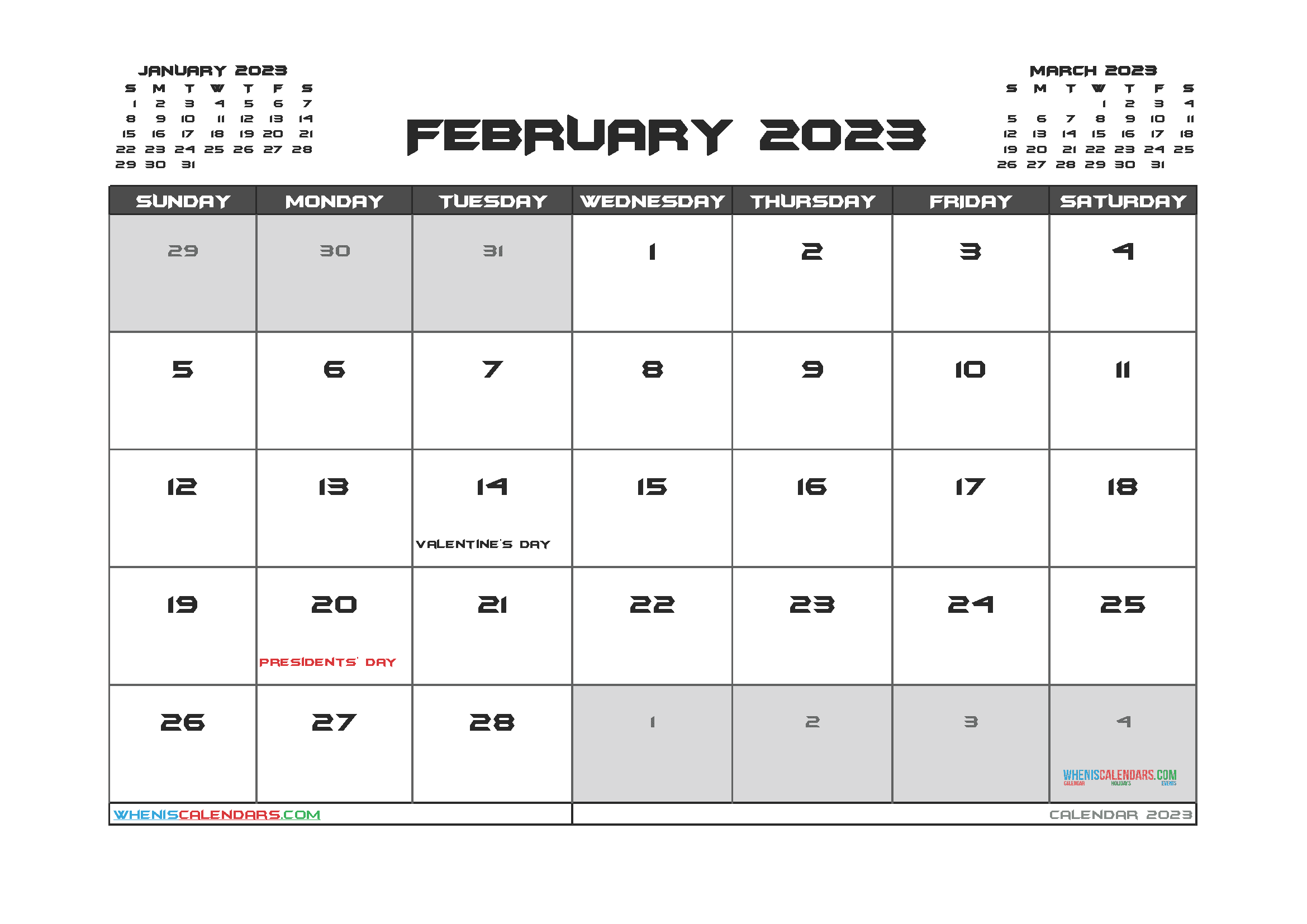 Free Calendar February 2023 with Holidays Printable PDF in Landscape