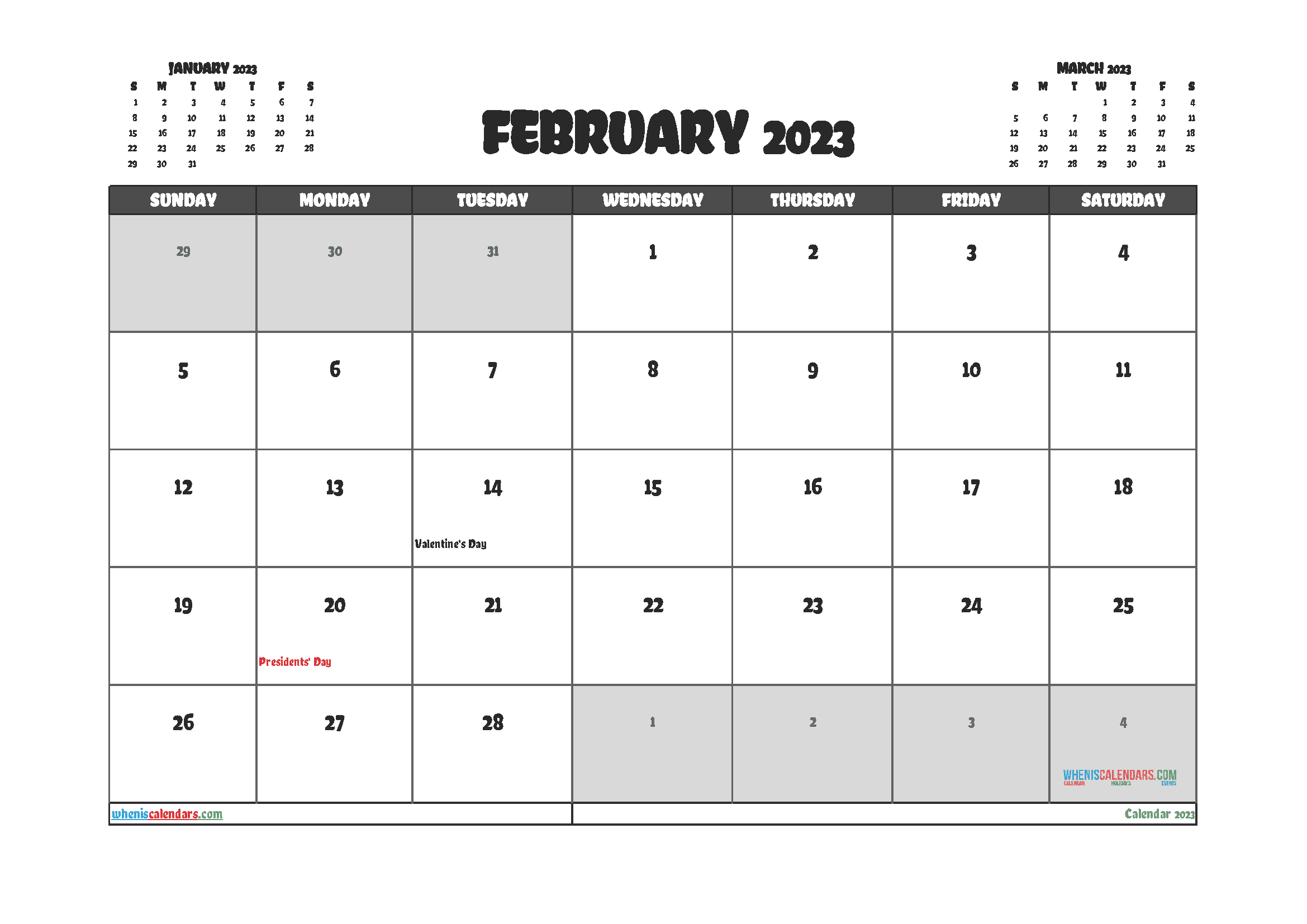 Free Calendar 2023 February with Holidays PDF in Landscape