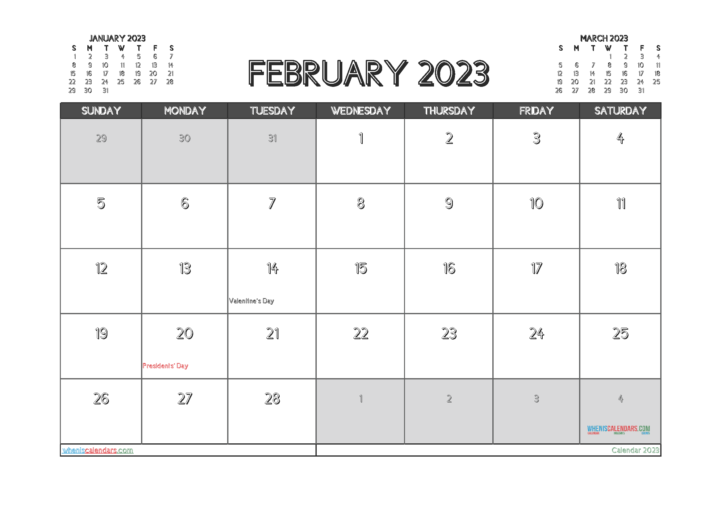 Free Printable February 2023 Calendar with Holidays PDF in Landscape