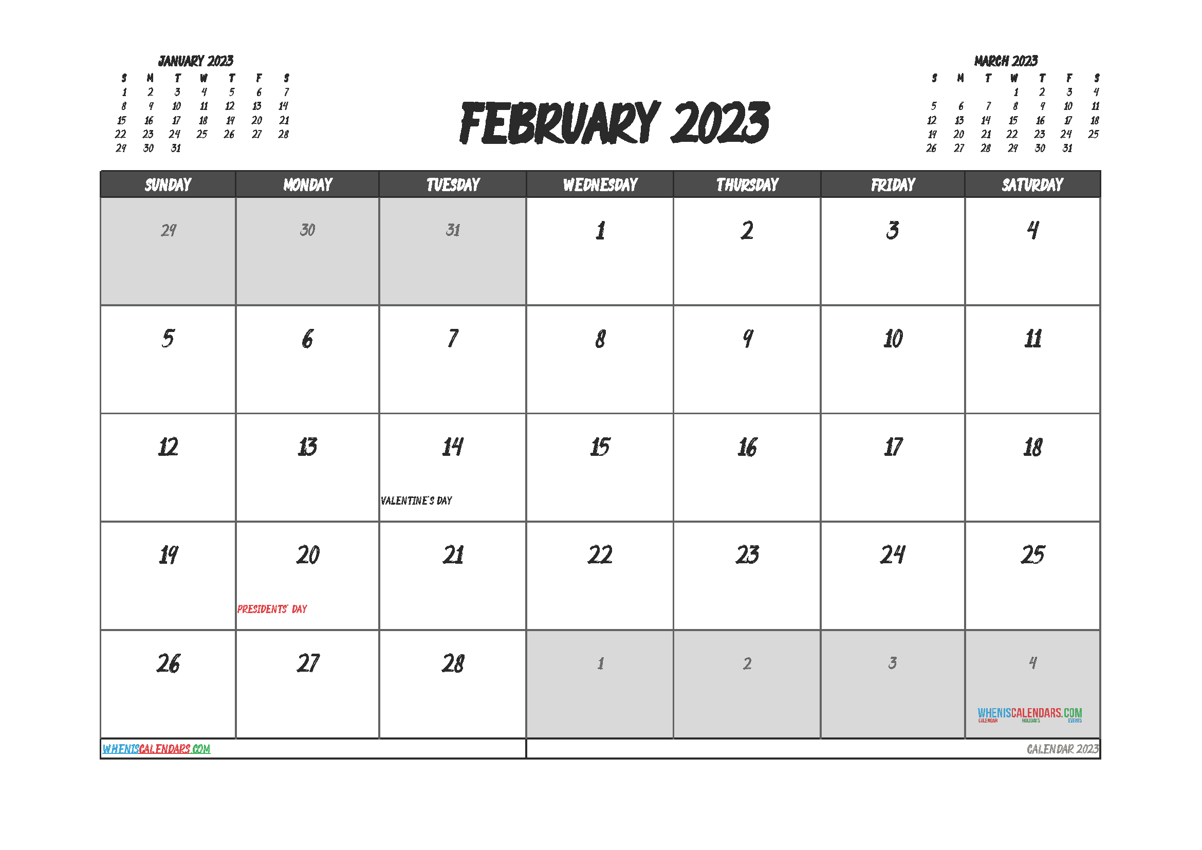Downloadable February 2023 Calendar with Holidays Printable Free PDF in Landscape