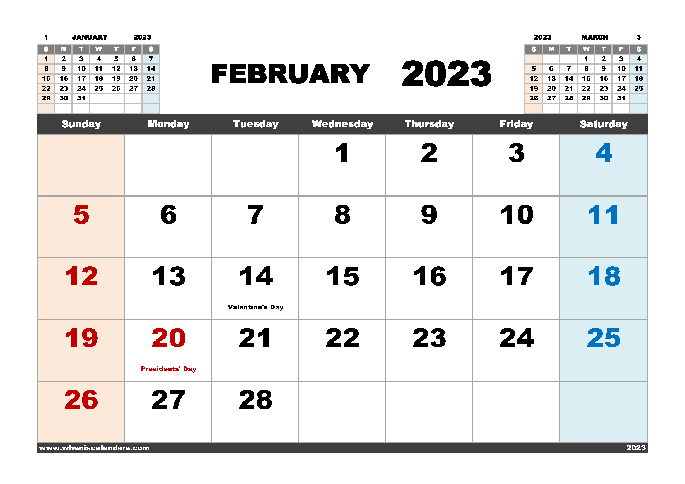 February 2023 Calendar Free Printable PDF Landscape Format