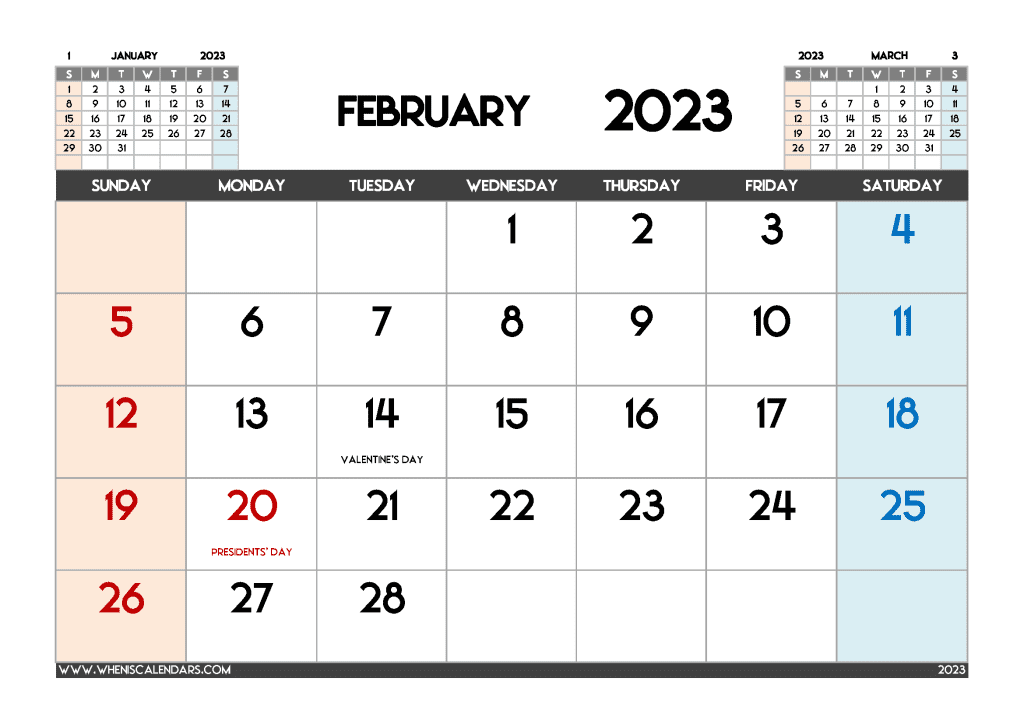 downloadable free calendar for February 2023 printable PDF and variety formats