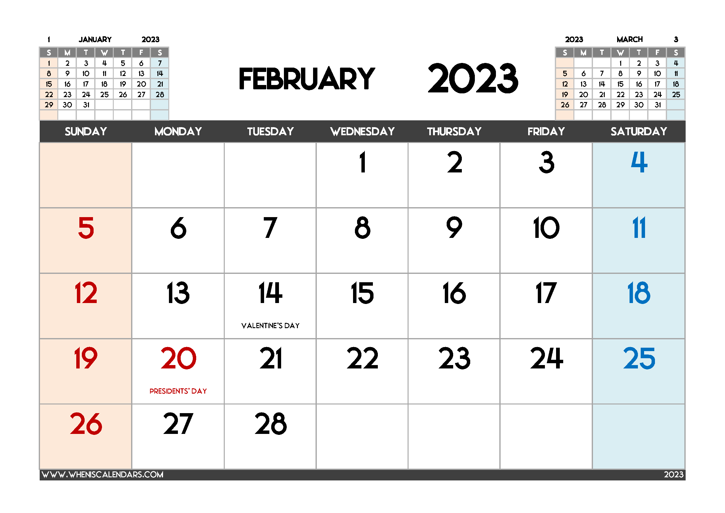 Printable February 2023 Calendar Free PDF in Landscape