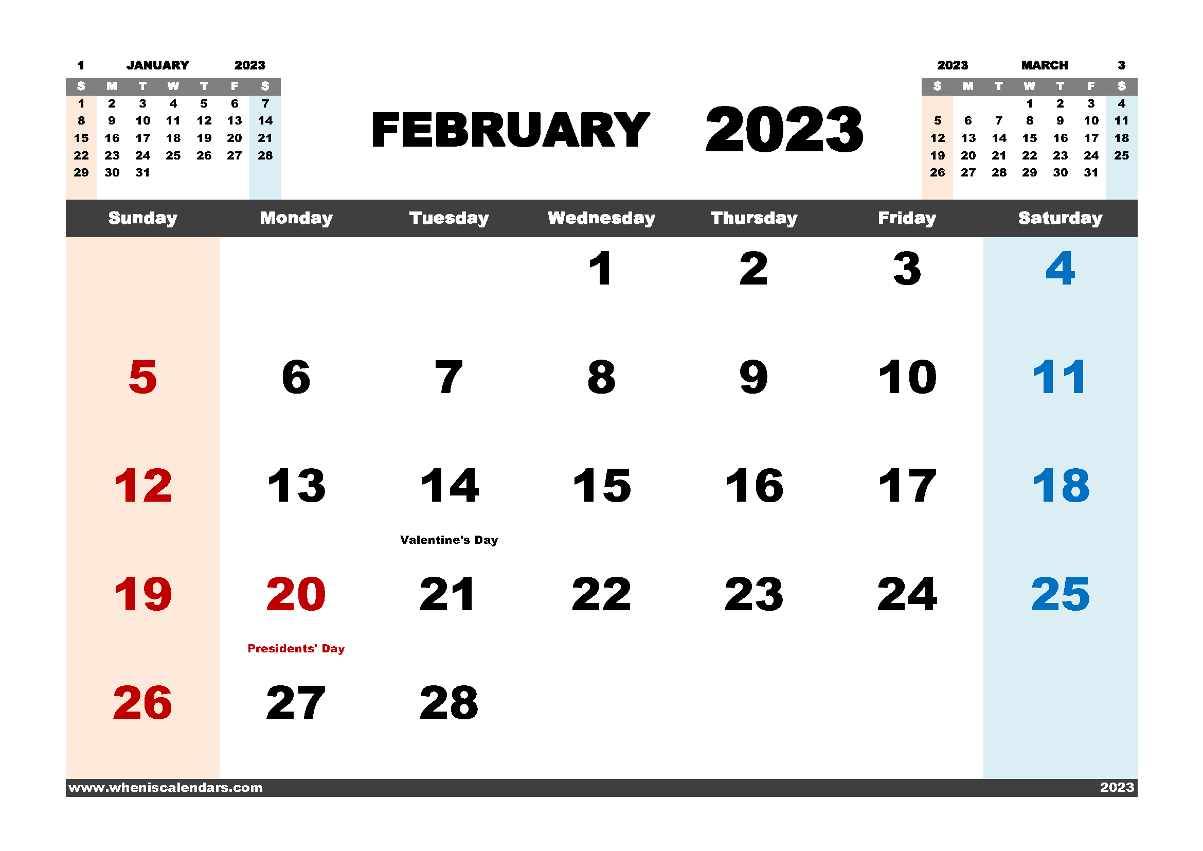 Free February 2023 Calendar Printable PDF in Landscape Format