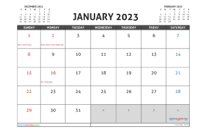 January 2023 Calendar with Holidays Free Printable PDF in Landscape (TMP: 123ha4hl2)