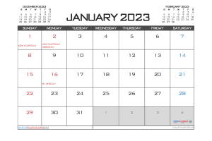 Free Printable Calendar 2023 January with Holidays PDF in Landscape (TMP: 123ha4hl9)