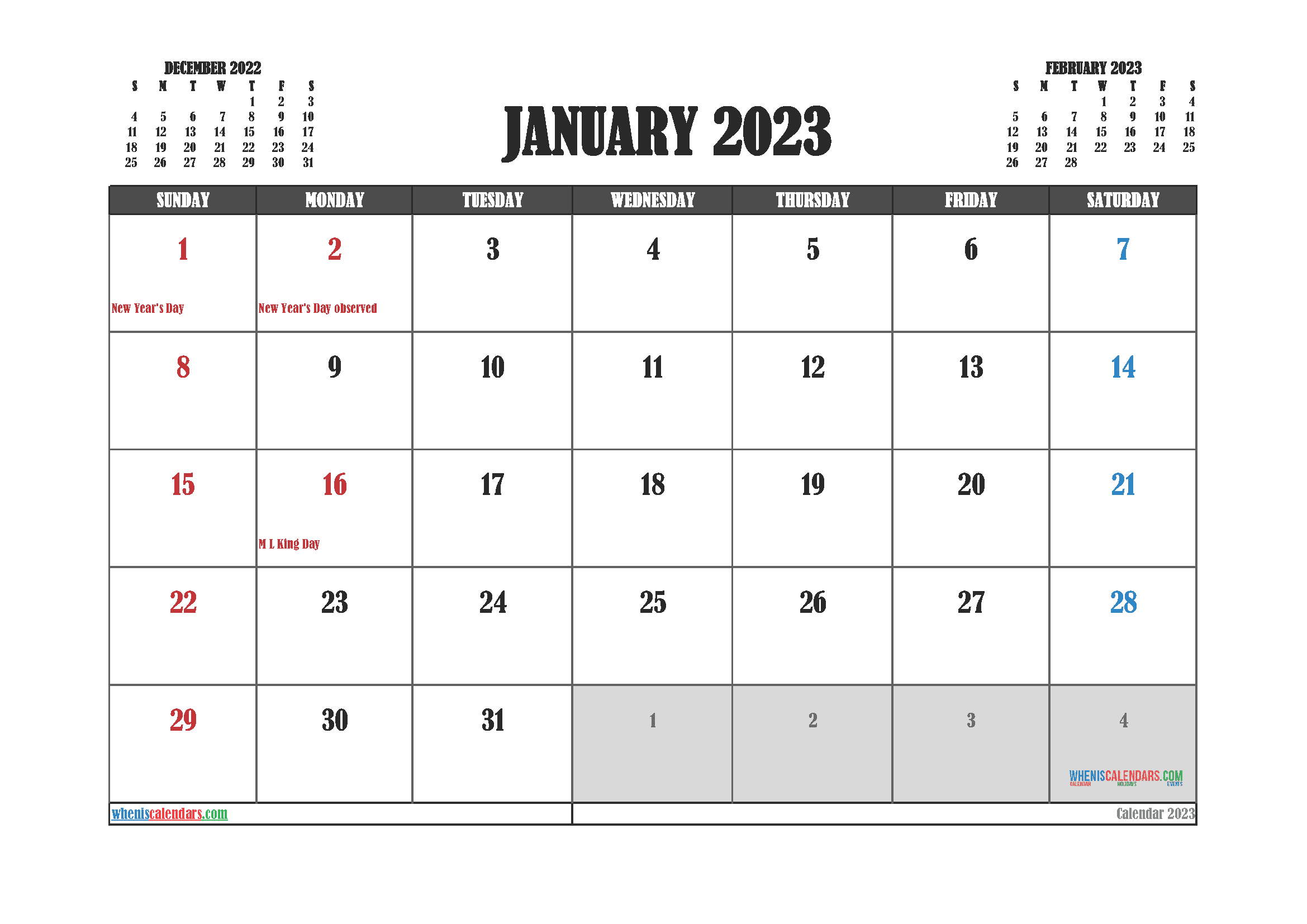 Downloadable January 2023 Calendar with Holidays Printable Free PDF in Landscape