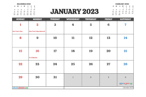 Free Printable January 2023 Calendar with Holidays PDF in Landscape (TMP: 123ha4hl19)
