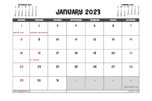 Downloadable January 2023 Calendar with Holidays Printable Free PDF in Landscape (TMP: 123ha4hl24)