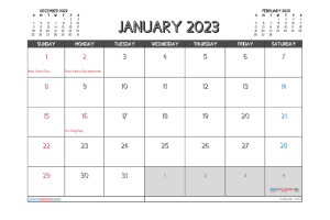 Free Printable Calendar January 2023 with Holidays PDF in Landscape (TMP: 123ha4hl26)