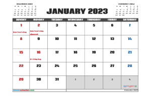 Free Printable Calendar 2023 January with Holidays PDF in Landscape (TMP: 123ha4hl27)