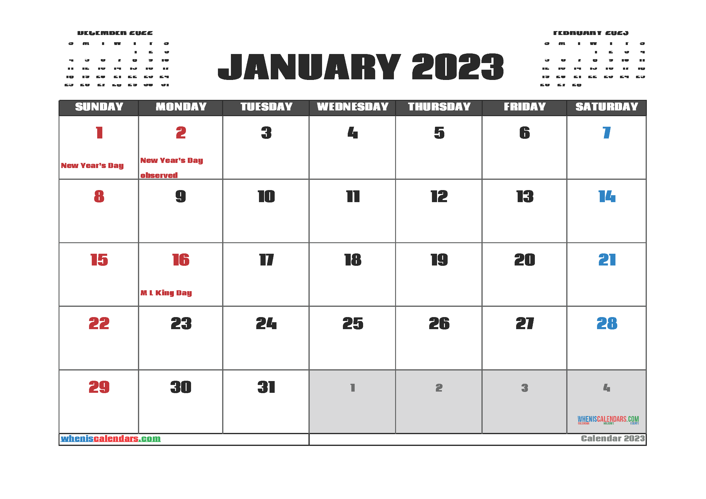 Free Printable Calendar 2023 January With Holidays Pdf In Landscape