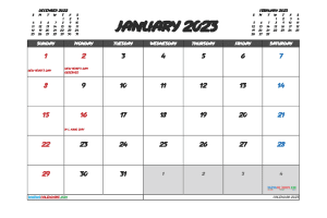 Printable January 2023 Calendar with Holidays Free PDF in Landscape (TMP: 123ha4hl32)