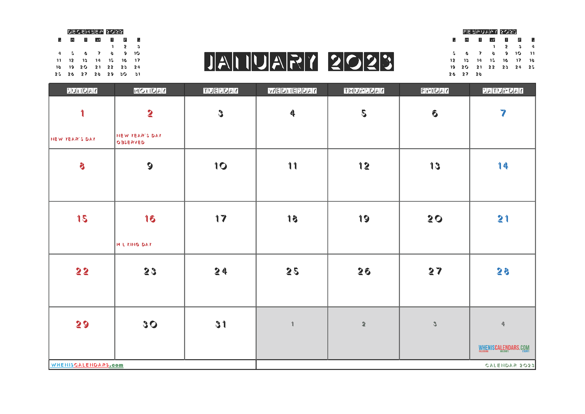Free Calendar 2023 January with Holidays PDF in Landscape