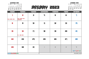 Free Printable Calendar 2023 January with Holidays PDF in Landscape (TMP: 123ha4hl36)