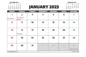 Free Printable January 2023 Calendar with Holidays PDF in Landscape (TMP: 123ha4hl37)