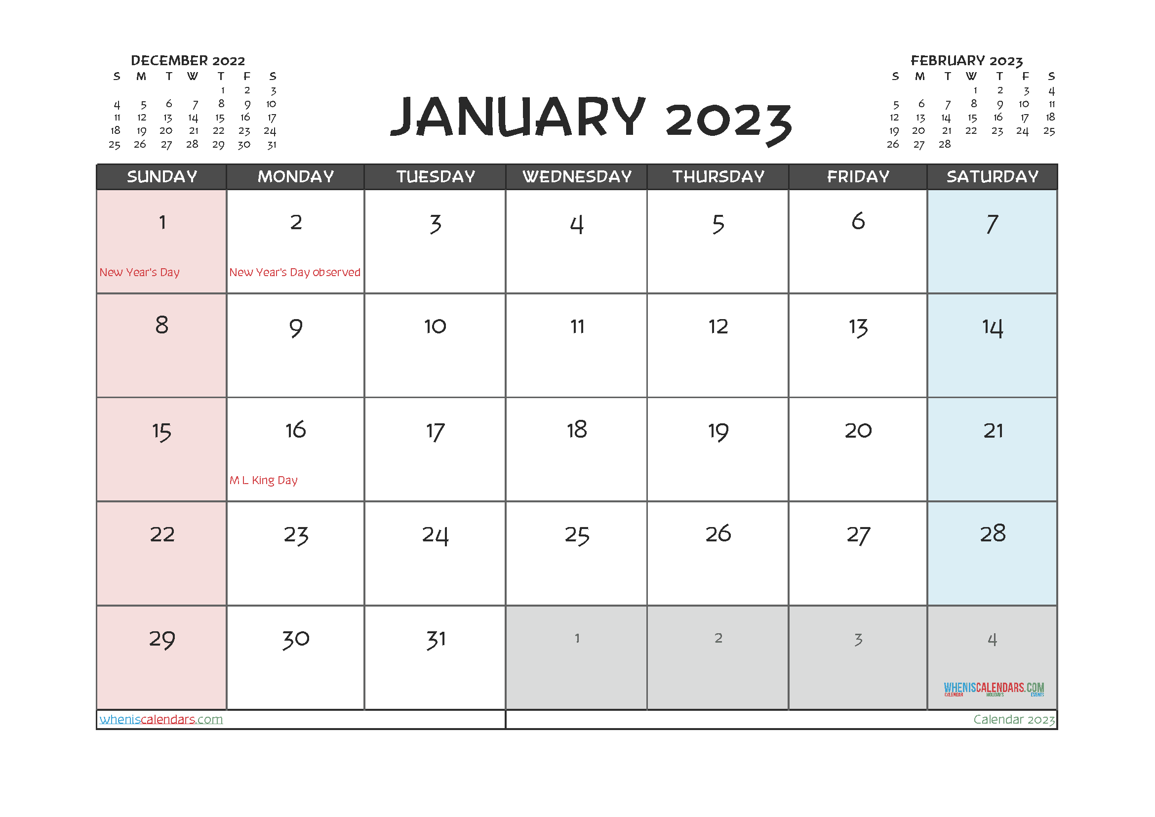 January 2023 Calendar with Holidays Free Printable PDF in Landscape