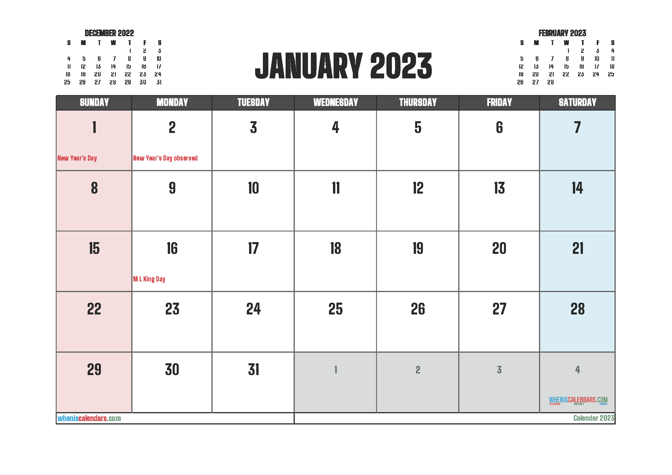 Free Printable Calendar January 2023 with Holidays PDF in Landscape
