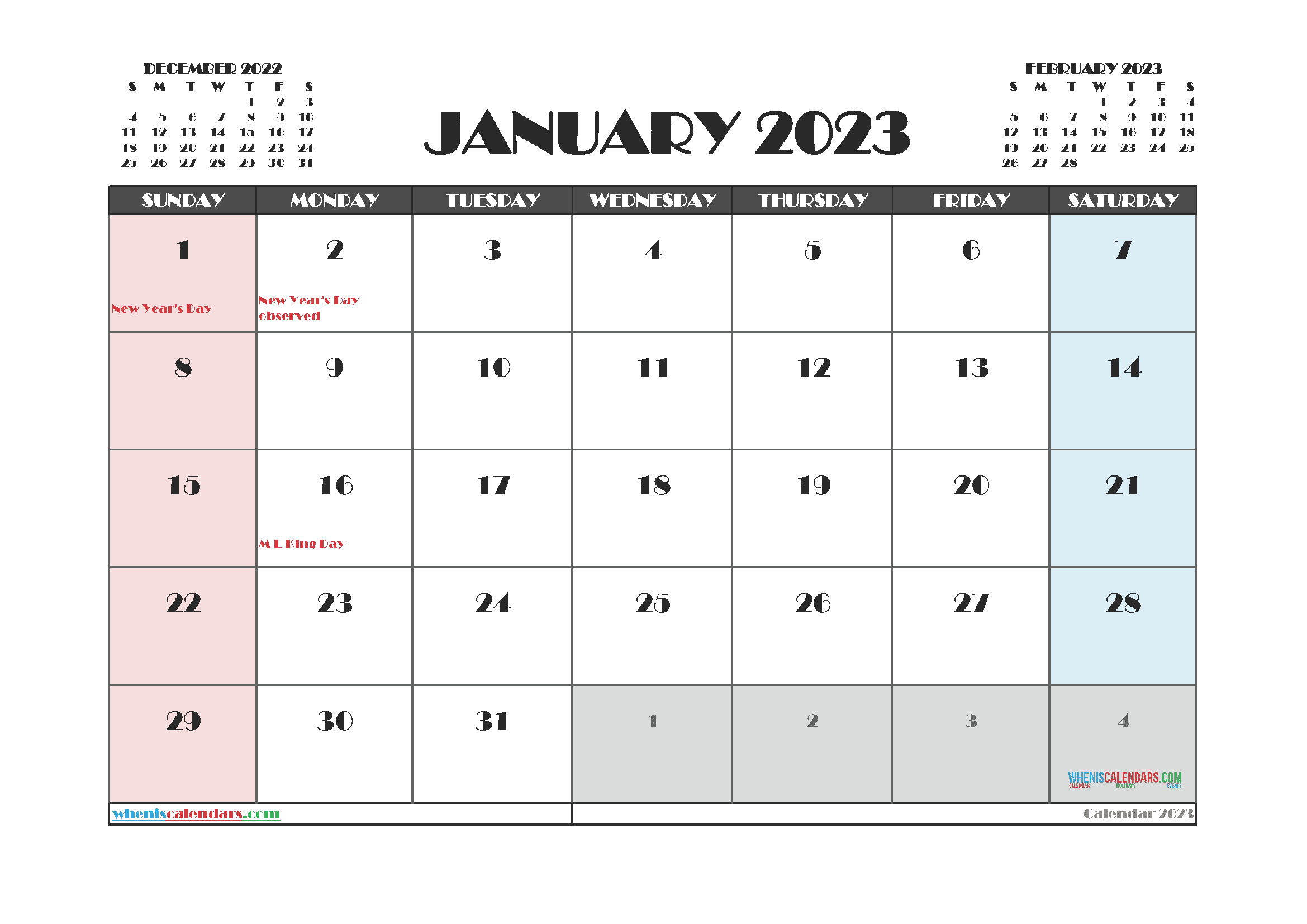 Free Printable January 2023 Calendar with Holidays PDF in Landscape