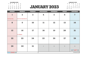 January 2023 Calendar with Holidays Free Printable PDF in Landscape (TMP: 123ha4hl56)