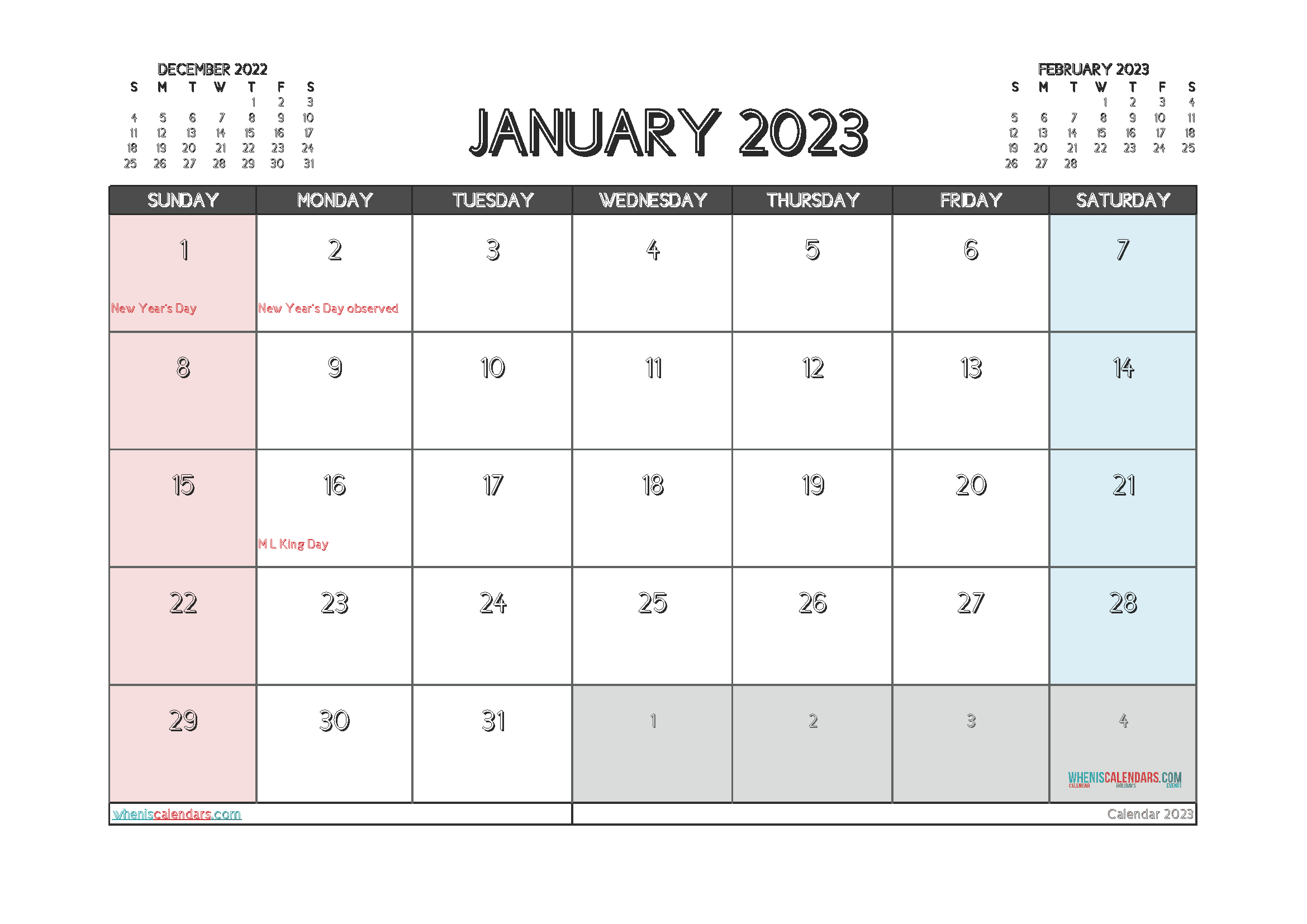 Free Printable Calendar 2023 January with Holidays PDF in Landscape