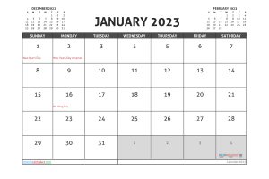 Free Calendar January 2023 with Holidays Printable PDF in Landscape (TMP: 123ha4hl76)