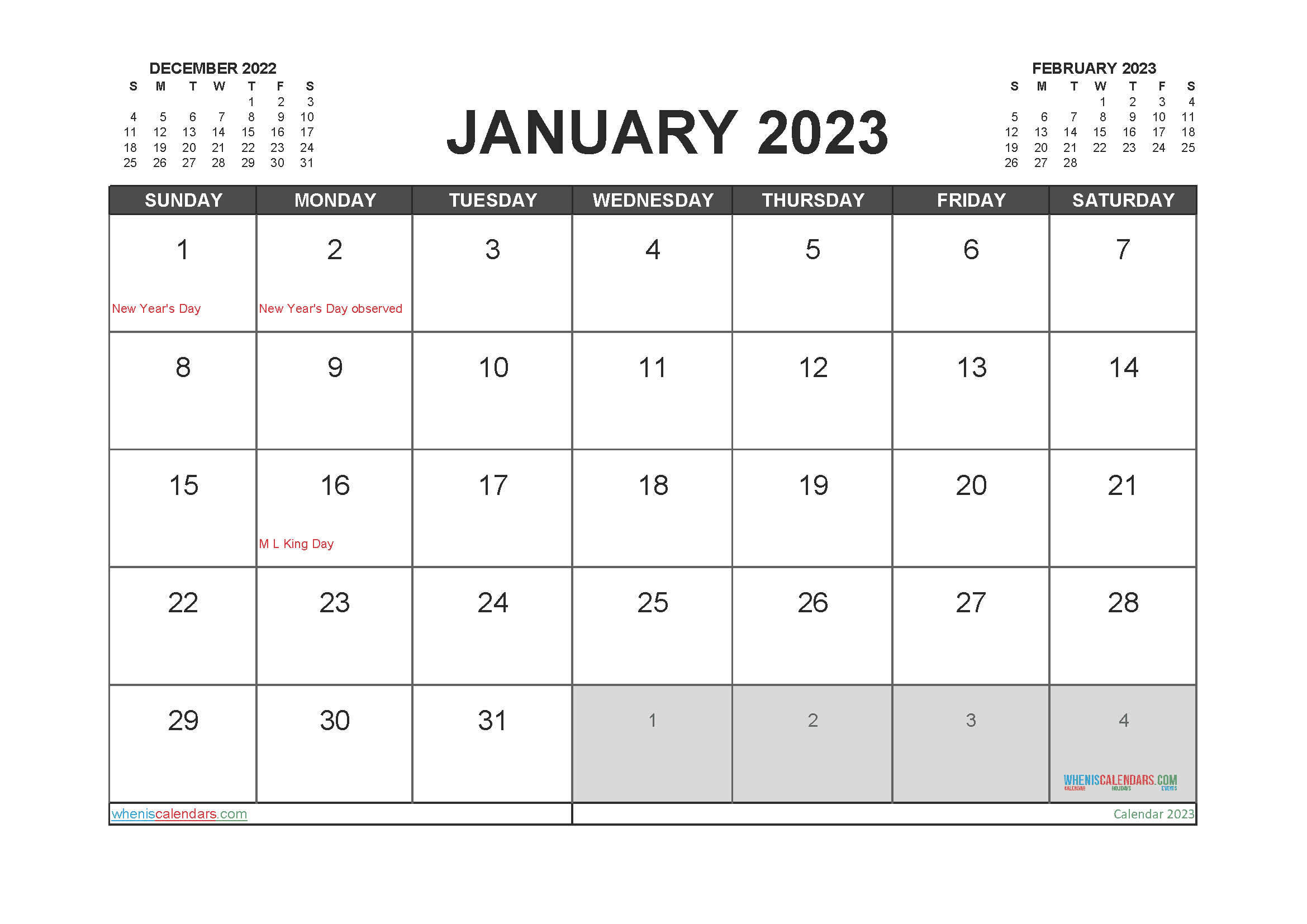 Free Printable Calendar 2023 January with Holidays PDF in Landscape