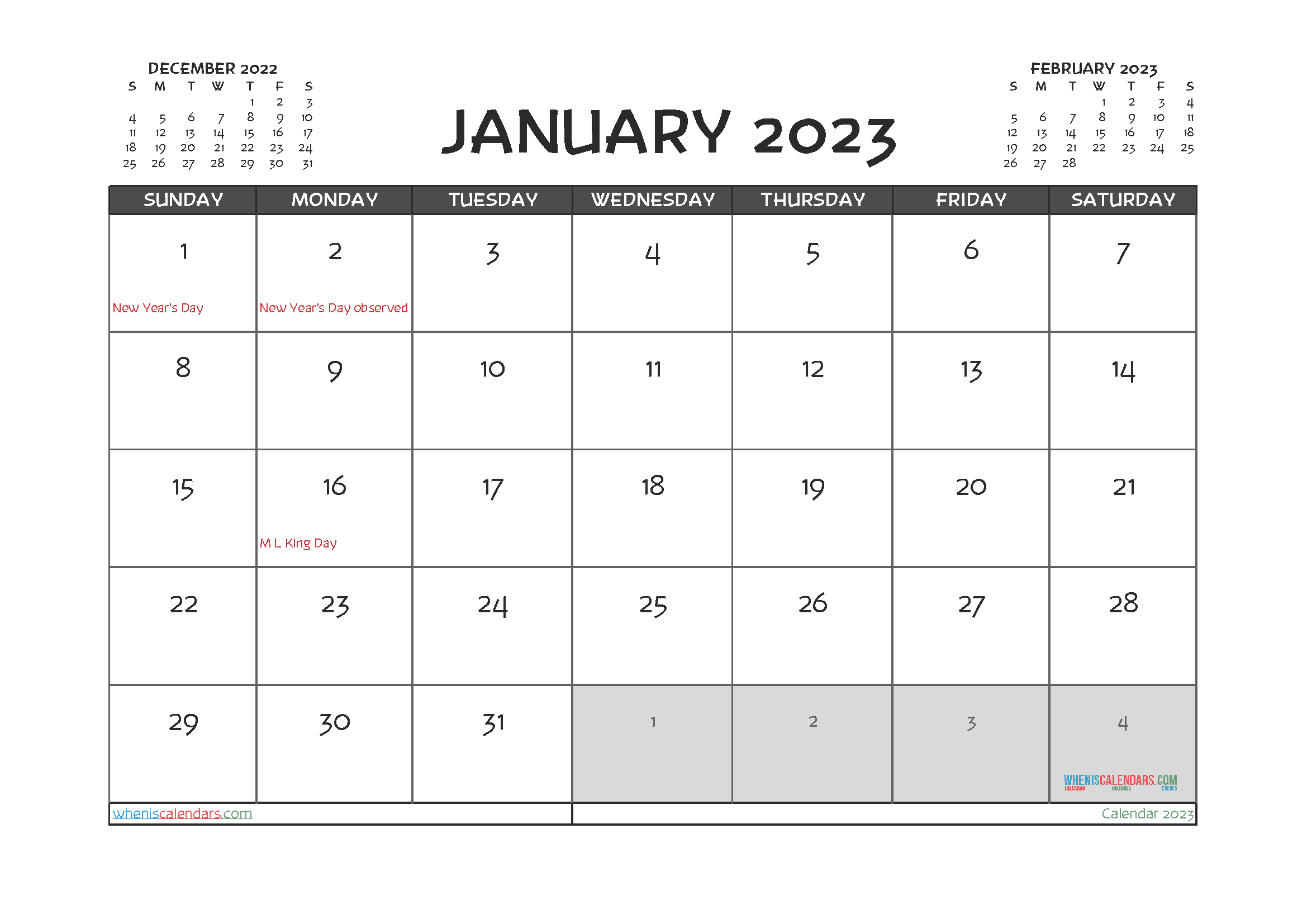 Free January 2023 Calendar with Holidays Printable PDF in Landscape