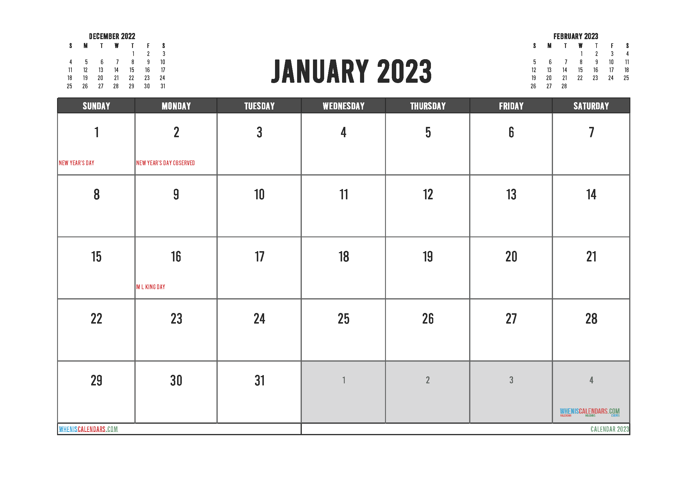 Free Calendar 2023 January with Holidays PDF in Landscape